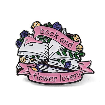 Book & Flower Enamel Pins, Black Alloy Brooch for Backpack Clothing, Flamingo, 22.5x28x1.3mm