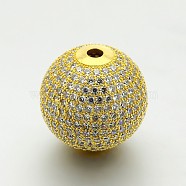 Brass Micro Pave Cubic Zirconia Round Beads, Cadmium Free & Lead Free, Clear, Golden, 20mm, Hole: 3mm(ZIRC-M039-13G-RS)