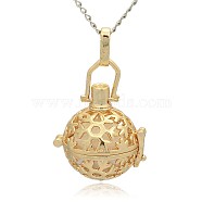 Golden Tone Brass Hollow Round Cage Pendants, with No Hole Spray Painted Brass Ball Beads, White, 35x25x21mm, Hole: 3x8mm(KK-J232-09G)