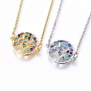 304 Stainless Steel Pendant Necklaces, with Cubic Zirconia, Colorful, Flat Round with Life Tree, Mixed Color, 17.71 inch(45cm)(NJEW-L146-04)