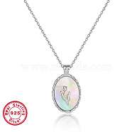Natural White Shell Oval with Flower Pendant Necklace with Rhodium Plated 925 Sterling Silver Chains, Platinum, 15.35 inch(39cm)(OK6796-1)
