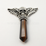 Natural Tiger Eye Pendants, with Alloy Pendant Settings, Faceted, Bullet with Skull, Antique Silver Metal Color, Coconut Brown, 47x38x9.5mm, Hole: 3x7mm(G-J063-09AS)