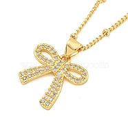 Brass Micro Pave Clear Cubic Zirconia Pendant Necklaces, Bowknot, Real 18K Gold Plated, 17.17 inch(436mm), Bowknot: 17.5x18mm(NJEW-M220-05A-G)