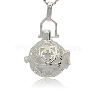 Silver Color Plated Brass Hollow Round Cage Pendants, with No Hole Spray Painted Brass Round Ball Beads, White, 35x25x21mm, Hole: 3x8mm(KK-J216-12S)