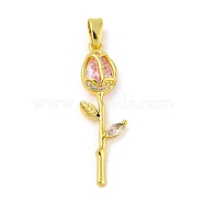 Rose Flower for Valentine's Day Real 18K Gold Plated Rack Plating Brass Micro Pave Cubic Zirconia Pendants, Long-Lasting Plated, Lead Free & Cadmium Free, Pink, 28x8.5x4mm, Hole: 4.5x2.5mm(KK-R153-01D-G)