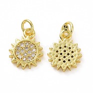 Brass Micro Pave Cubic Zirconia Sun Charms, Real 18K Gold Plated, with Jump Ring, Clear, 14x10x2mm, Jump Ring: 5x0.8mm, Inner Diameter: 3.2mm(KK-E068-VF052)