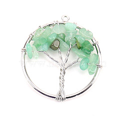 Natural Green Aventurine Tree fo Life Pendants, Iron Ring Chip Gems Tree Charms, Platinum, 30mm(WG82707-08)