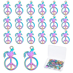 20Pcs Rainbow Color Alloy Pendants, Cadmium Free & Nickel Free & Lead Free, Peace Sign with Dove, 28x17x1.5mm, Hole: 2mm(FIND-FH0003-56)
