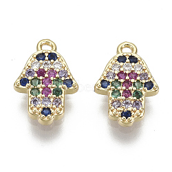 Brass Micro Pave Cubic Zirconia Charms, Nickel Free, Hamsa Hand/Hand of Fatima/Hand of Miriam, Colorful, Real 18K Gold Plated, 12x8x2mm, Hole: 1mm(KK-S348-550-NF)