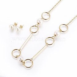 (Jewelry Parties Factory Sale), 304 Stainless Steel Jewelry Sets, Necklaces and Stud Earrings, with Acrylic Imitation Pearl, Ring and Round, Golden, Necklace: 27.3 inch(69.5cm), Ear Studs: 22x10mm, Pin: 0.8mm(SJEW-E329-04G)