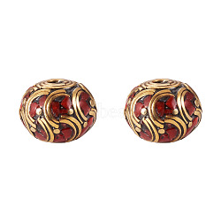 2Pcs Handmade Tibetan Style Beads, with Brass Findings and Synthetic Turquoise, Rondelle, Antique Golden, Dark Red, 17.5~18.5x15~15.5mm, Hole: 1.8~2mm(KK-TA0008-43)