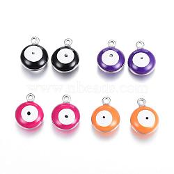 304 Stainless Steel Enamel Charms, Flat Round with Evil Eye, Stainless Steel Color, Mixed Color, 13x10x6mm, Hole: 1.5mm(STAS-G122-26)