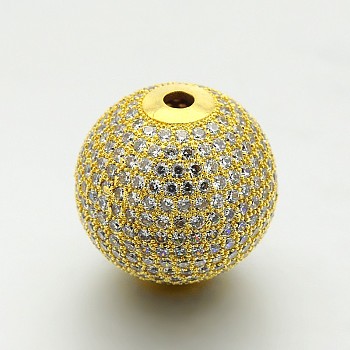 Brass Micro Pave Cubic Zirconia Round Beads, Cadmium Free & Lead Free, Clear, Golden, 20mm, Hole: 3mm