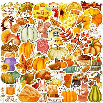50Pcs Thanksgiving Day Cartoon Vinyl Stickers, Waterproof Turkey Pumpkin Leaf Decals for DIY Scrapbooking, Art Craft, Mixed Color, 37~64x24~54x0.2mm