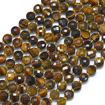 Natural Yellow Tiger Eye Beads Strands, with Seed Beads, Faceted, Flat Round, 6~6.5x4mm, Hole: 1mm, about 50pcs/strand, 15.35''(39cm)