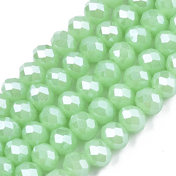 Electroplate Glass Beads Strands, Imitation Jade Beads, Pearl Luster Plated, Faceted, Rondelle, Light Green, 3.5x3mm, Hole: 0.4mm, about 113~115pcs/strand, 32~33cm