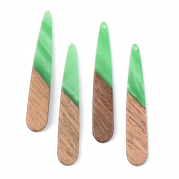 Opaque Resin & Walnut Wood Pendants, Teardrop, Green, 44x7.5x3mm, Hole: 1.5mm