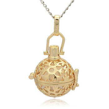 Golden Tone Brass Hollow Round Cage Pendants, with No Hole Spray Painted Brass Ball Beads, White, 35x25x21mm, Hole: 3x8mm