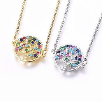 304 Stainless Steel Pendant Necklaces, with Cubic Zirconia, Colorful, Flat Round with Life Tree, Mixed Color, 17.71 inch(45cm)