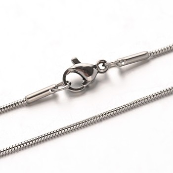 304 Stainless Steel Snake Chain Necklaces, with Lobster Claw Clasps, Stainless Steel Color, 19.7 inch(50cm), 1mm