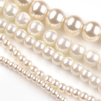Dyed Glass Pearl Round Bead Strands, Creamy White, 3~10mm, Hole: 1mm, about 85~230pcs/strand