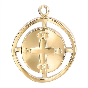 Stainless Steel Pendants, Flat Round with Cross, Golden, 17x14mm, Hole: 1mm