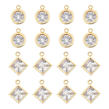 16Pcs 4 Style 304 Stainless Steel Rhinestone Charms, Flat Round & Rhombus, Golden & Stainless Steel Color, 12~15x9~12x4mm, Hole: 1.8mm, 4Pcs/style