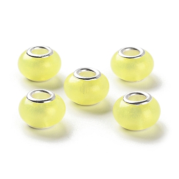 Pearlized Resin European Beads, Faceted Rondelle Large Hole Beads, with Platinum Tone Alloy Double Cores, Yellow, 13.5x9mm, Hole: 5mm