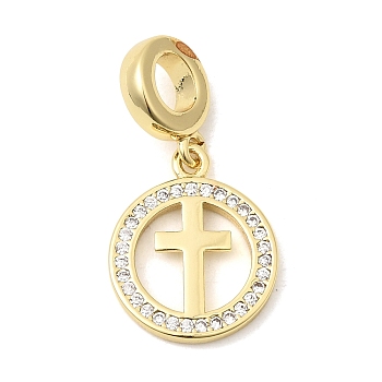 Brass Pave Clear Cubic Zirconia European Dangle Charms, Religion Large Hole Pendants, Long-Lasting Plated, Cadmium Free & Lead Free, Rack Plating, Real 18K Gold Plated, Ring with Cross, 25.5mm, Hole: 4.5mm