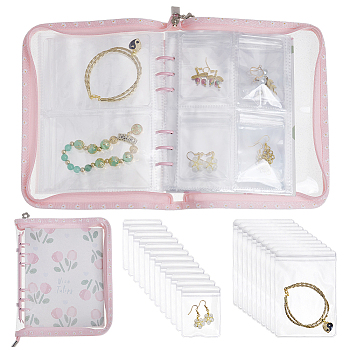 PVC Loose Leaf Jewelry Storage Bag, for Earring Bracelet Display, with Alloy Findings, Rectangle, Pink, 211x185x25mm