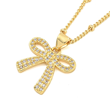 Brass Micro Pave Clear Cubic Zirconia Pendant Necklaces, Bowknot, Real 18K Gold Plated, 17.17 inch(436mm), Bowknot: 17.5x18mm