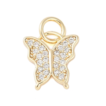 Rack Plating Brass Micro Pave Clear Cubic Zirconia Charms, with Jump Rings, Long-Lasting Plated, Lead Free & Cadmium Free, Butterfly, Real 18K Gold Plated, 11x10x1.5mm, Hole: 3mm