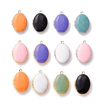 Brass and Enamel Locket Pendants, Photo Frame Pendants for Necklaces, Oval, Mixed Color, 24x16x6mm, Hole: 1.6mm, Inner Diameter: 14.5x10.5mm
