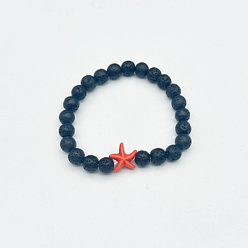 Men's Yoga Jewelry, Natural Lava Rock Round Beads Stretch Bracelets, Starfish, Dark Orange