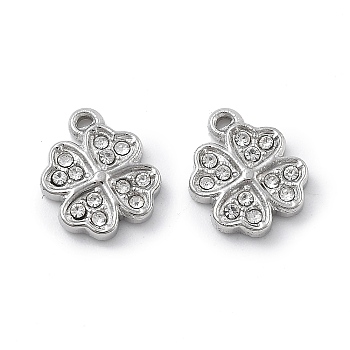 304 Stainless Steel Pendants, with Rhinestone, Clover, Stainless Steel Color, 9.5x7.5x2mm, Hole: 0.7mm