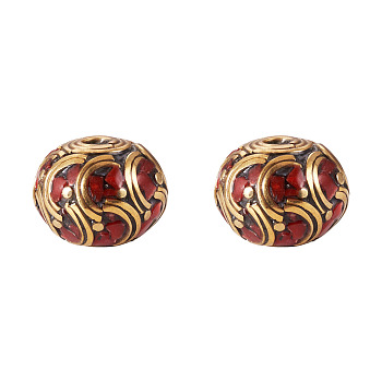 2Pcs Handmade Tibetan Style Beads, with Brass Findings and Synthetic Turquoise, Rondelle, Antique Golden, Dark Red, 17.5~18.5x15~15.5mm, Hole: 1.8~2mm