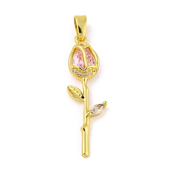 Rose Flower for Valentine's Day Real 18K Gold Plated Rack Plating Brass Micro Pave Cubic Zirconia Pendants, Long-Lasting Plated, Lead Free & Cadmium Free, Pink, 28x8.5x4mm, Hole: 4.5x2.5mm