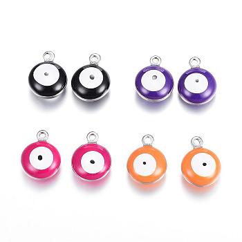 304 Stainless Steel Enamel Charms, Flat Round with Evil Eye, Stainless Steel Color, Mixed Color, 13x10x6mm, Hole: 1.5mm