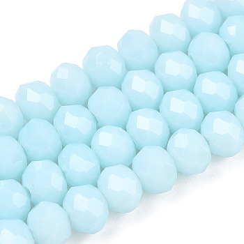 Opaque Solid Color Glass Beads Strands, Faceted, Rondelle, Light Cyan, 6x5mm, Hole: 1mm, about 85~88pcs/strand, 16.1~16.5 inch(41~42cm)