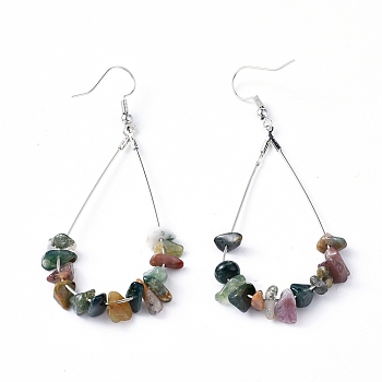Dangle Earrings, with Natural Indian Agate Chips, Platinum Plated Brass Earring Hooks and teardrop, Pendants, 71~75mm, Pendant: 53.5~59mm, Pin: 0.5mm