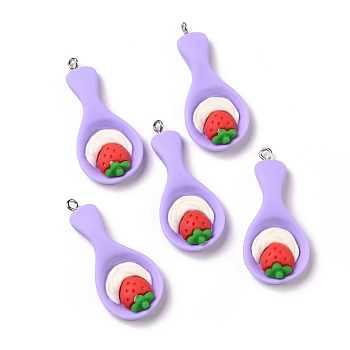 Opaque Resin Pendants, with Platinum Tone Iron Loops, Imitation Food, Spoon with Strawberry, Lilac, 42x18.5x6mm, Hole: 2mm