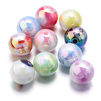 10Pcs UV Plating Colours Acrylic Beads, Printed Straight Hole Round Beads, Mixed Color, 15x15mm, Hole: 3mm