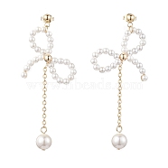 Pearl Pendants Earrings, with 304 Stainless Steel Finding, Bowknot, Golden, 68x32mm(EJEW-TA00426)