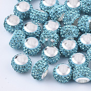 Polymer Clay Rhinestones European Beads, Large Hole Beads, with Platinum Tone Brass Single Cores, Rondelle, Aquamarine, 11x8mm, Hole: 4.5mm(FPDL-T001-02B)