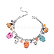 Halloween Skull Dyed Synthetic Turquoise Charm Bracelets, Stainless Steel Twisted Chain Bracelets for Women, Colorful, 7-1/4 inch(18.5cm)(BJEW-TA00505)