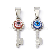 304 Stainless Steel Resin Pendants, Key Charms with Evil Eye, Stainless Steel Color, Mixed Color, 23x8.5x4mm, Hole: 6.5x3mm(STAS-A062-14P)