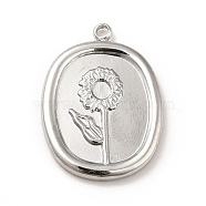 304 Stainless Steel Pendants, Oval wih Flower, Stainless Steel Color, 20.5x15x2mm, Hole: 1.4mm(STAS-H172-17P)