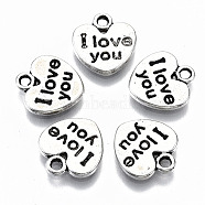 Tibetan Style Alloy Charms, Heart with I Yove You, Cadmium Free & Lead Free, Antique Silver, 12x11x1.5mm, Hole: 1.5mm, about 1310pcs/1000g(TIBEP-S319-108AS-RS)