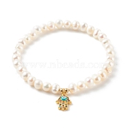 Brass Micro Pave Cubic Zirconia Stretch Charm Bracelets, with Enamel and Round Natural Pearl Beads, Hamsa, White, Real 18K Gold Plated, Inner Diameter: 2-1/4 inch(5.7cm)(BJEW-JB06261-01)