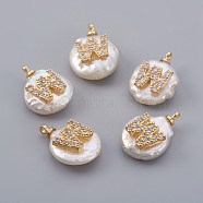 Natural Cultured Freshwater Pearl Pendants, with Micro Pave Cubic Zirconia, Brass Findings, Long-Lasting Plated, Letter, Real 18K Gold Plated, Letter.W, 14~28x9~16x5~9mm, Hole: 1.5mm(PEAR-F008-30G-W)